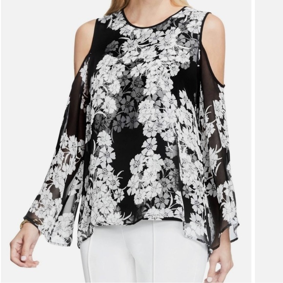 Vince Camuto Sz M cold shoulder long bell Romantic Glamour overlay top blouse - Picture 1 of 9